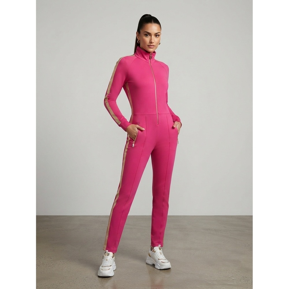 Area Jumpsuit Women Size S Pink Excellent Gold Stripe Zip Front Athleisure